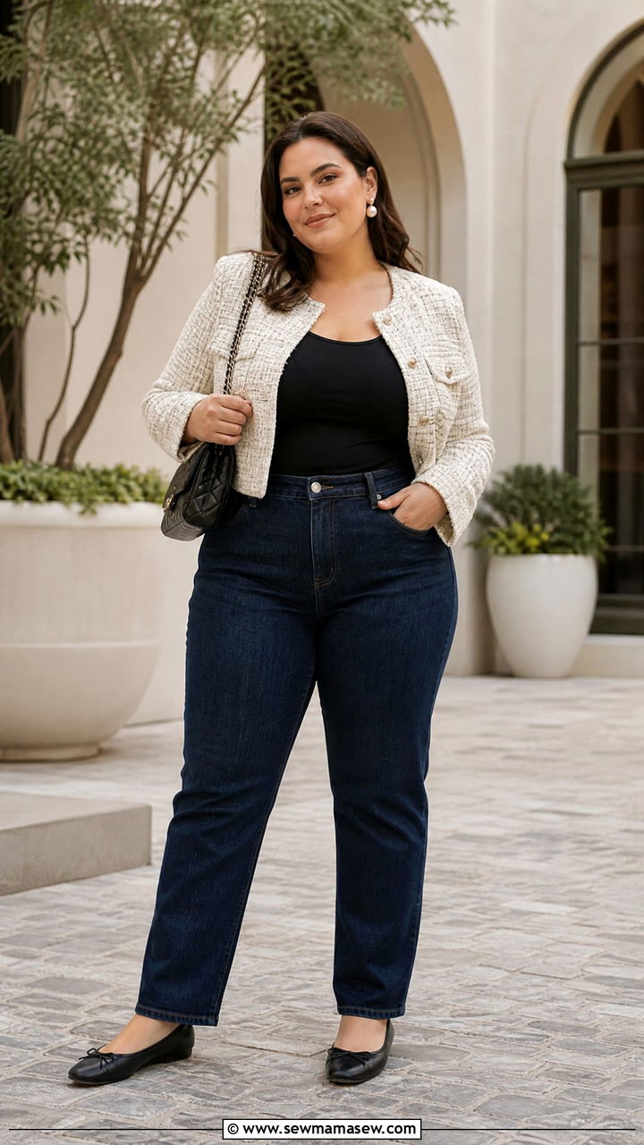 Plus Size Cropped Tweed Jacket With Dark Jeans - 20 plus size cropped jacket outfit ideas