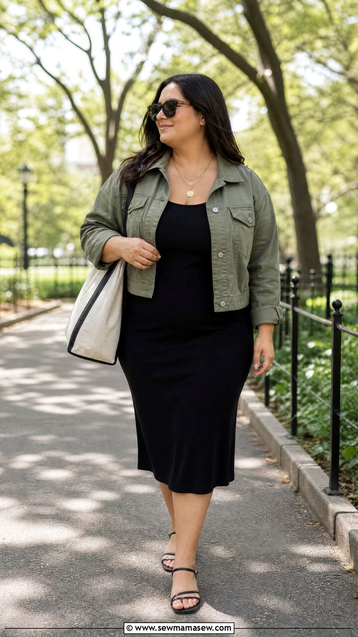 Plus Size Cropped Utility Jacket With Midi Dress - 20 plus size cropped jacket outfit ideas