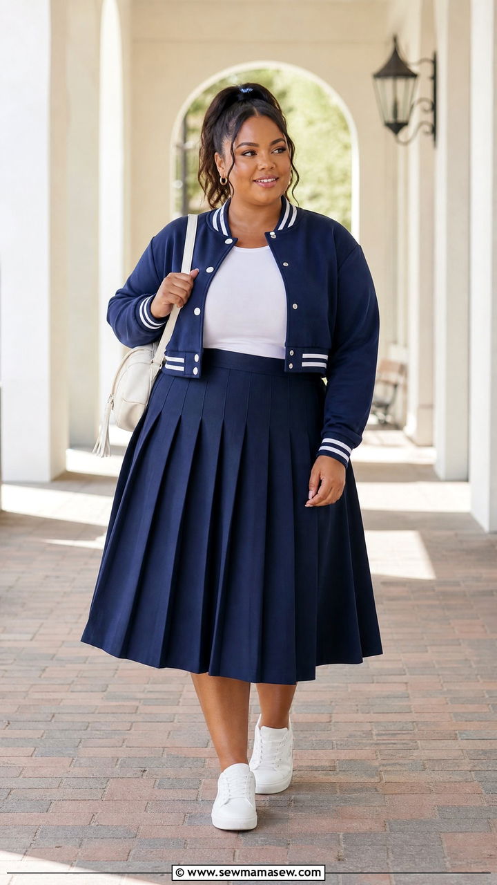 Plus Size Cropped Varsity Jacket With Pleated Skirt - 20 plus size cropped jacket outfit ideas