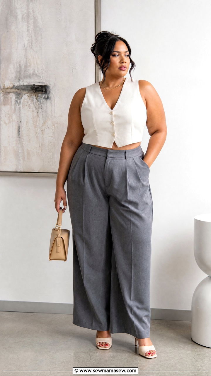 Plus Size Cropped Waistcoat Top With High Waisted Trousers - 20 plus size waistcoat top outfit ideas