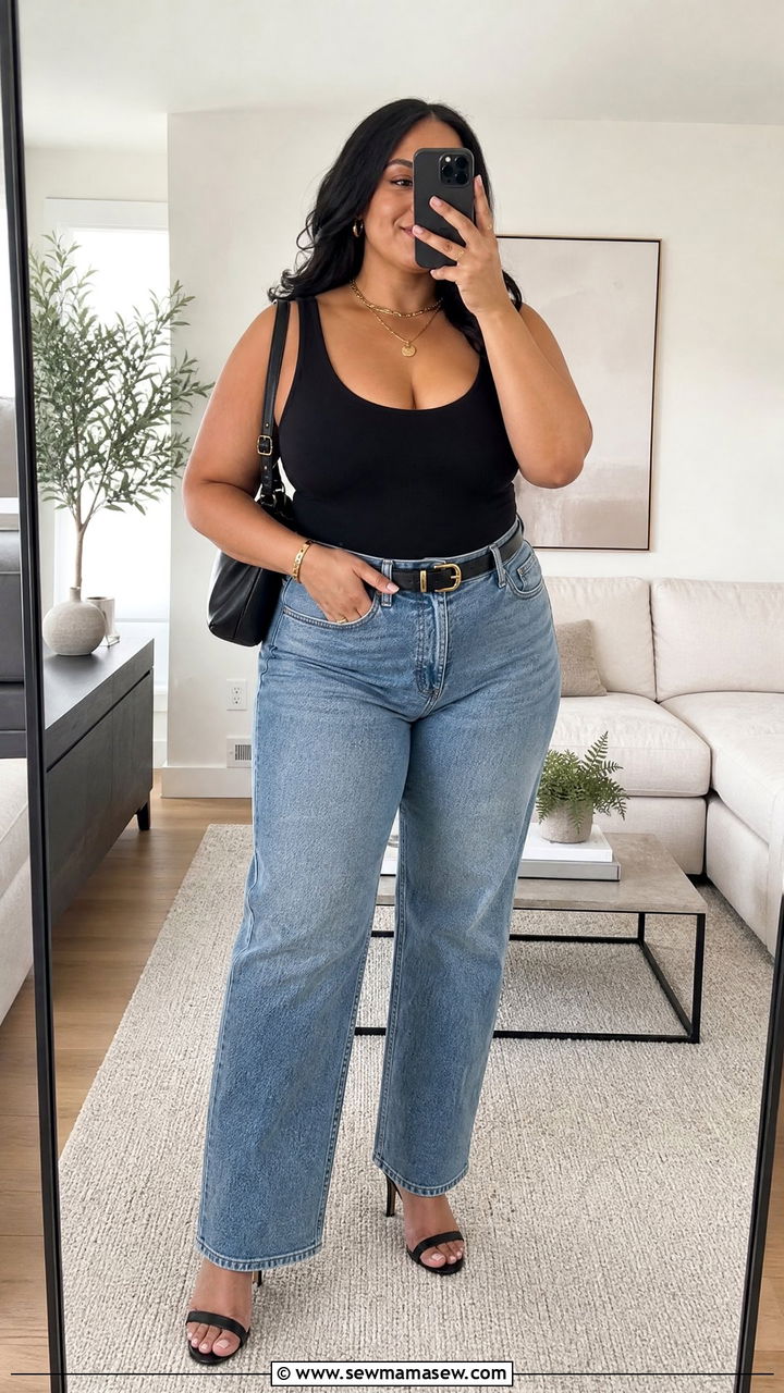 Plus Size Cut Out Bodysuit With Straight Leg Jeans - 20 plus size cut out top outfit ideas