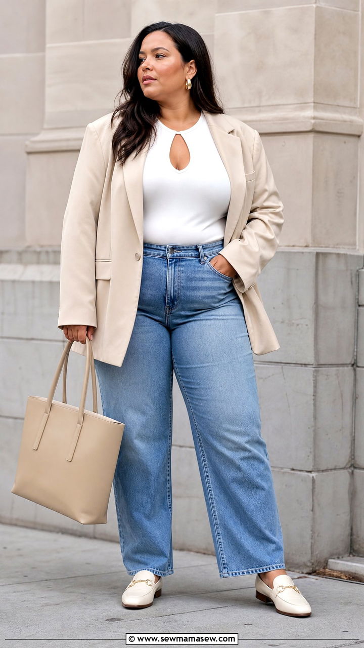 Plus Size Cut Out Top With Blazer And Jeans - 20 plus size cut out top outfit ideas