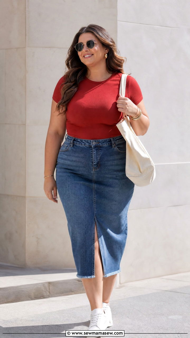 Plus Size Cut Out Top With Denim Skirt - 20 plus size cut out top outfit ideas