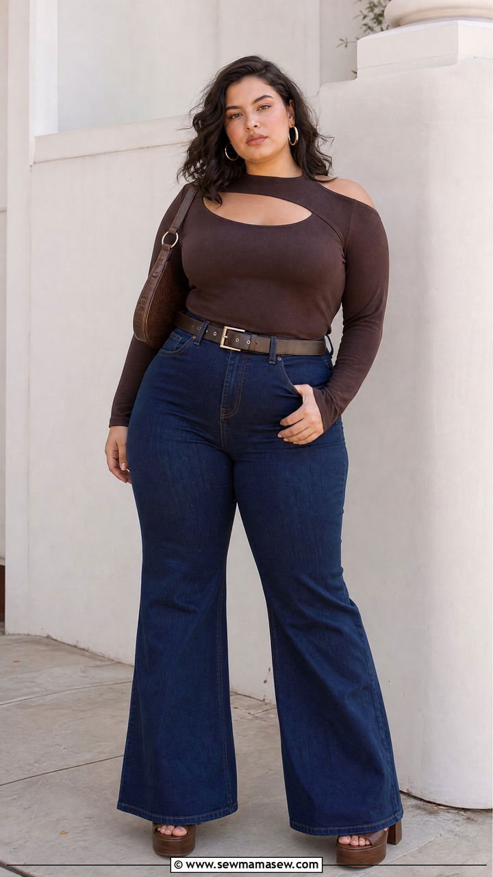 Plus Size Cut Out Top With Flare Jeans - 20 plus size cut out top outfit ideas