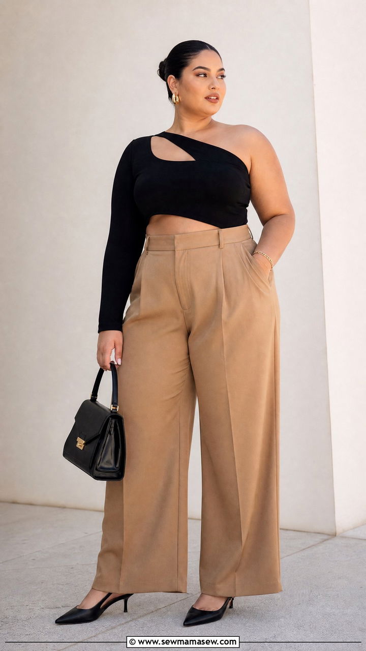 Plus Size Cut Out Top With High Waisted Trousers - 20 plus size cut out top outfit ideas