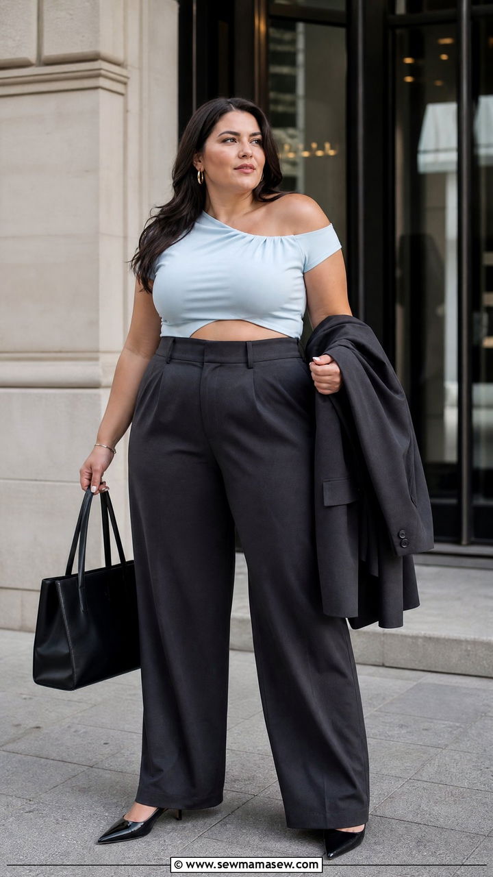 Plus Size Cut Out Top With Suit Pants - 20 plus size cut out top outfit ideas