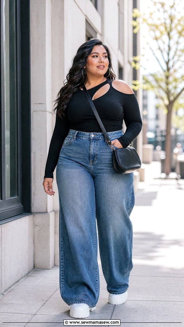 Plus Size Cut Out Top With Wide Leg Jeans - 20 plus size cut out top outfit ideas