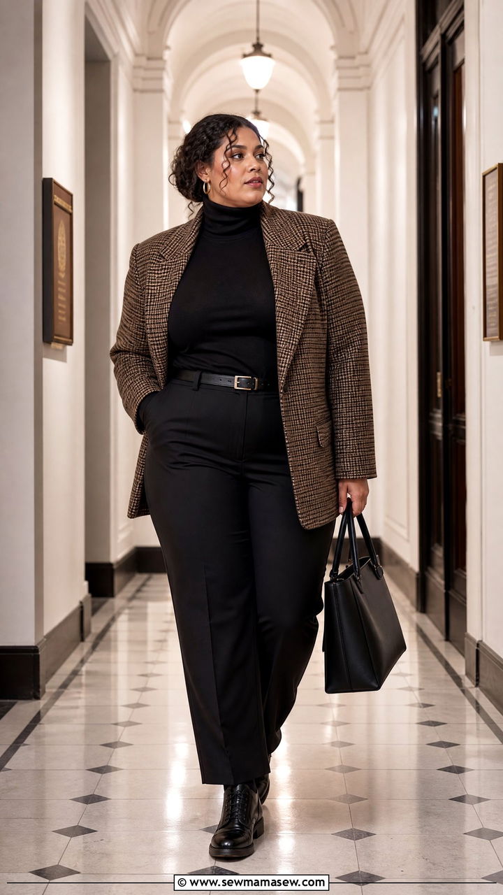 Plus Size Dark Academia Black Turtleneck And Plaid Blazer Outfit - 20 plus size dark academia outfit ideas