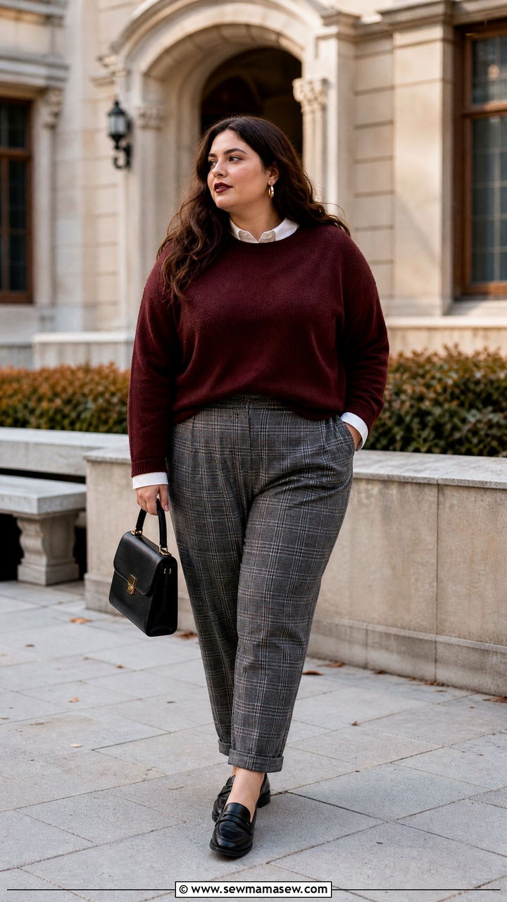 Plus Size Dark Academia Burgundy Sweater And Plaid Pants Outfit - 20 plus size dark academia outfit ideas