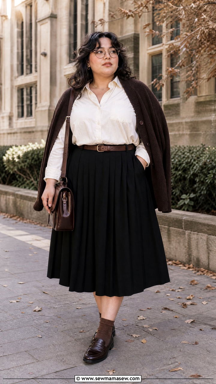 Plus Size Dark Academia Button Down Shirt And Pleated Skirt Outfit - 20 plus size dark academia outfit ideas