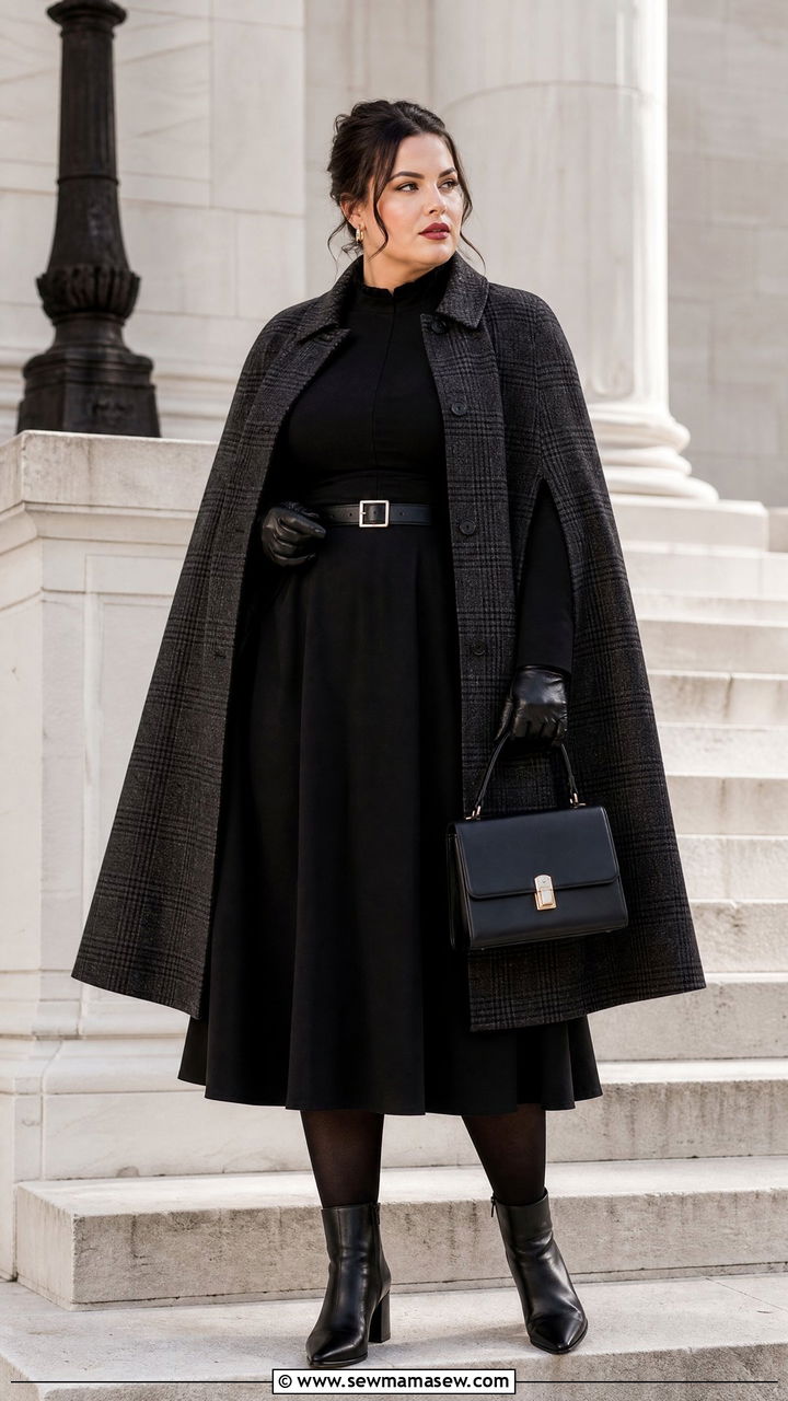 Plus Size Dark Academia Cape Coat And Dress Outfit - 20 plus size dark academia outfit ideas