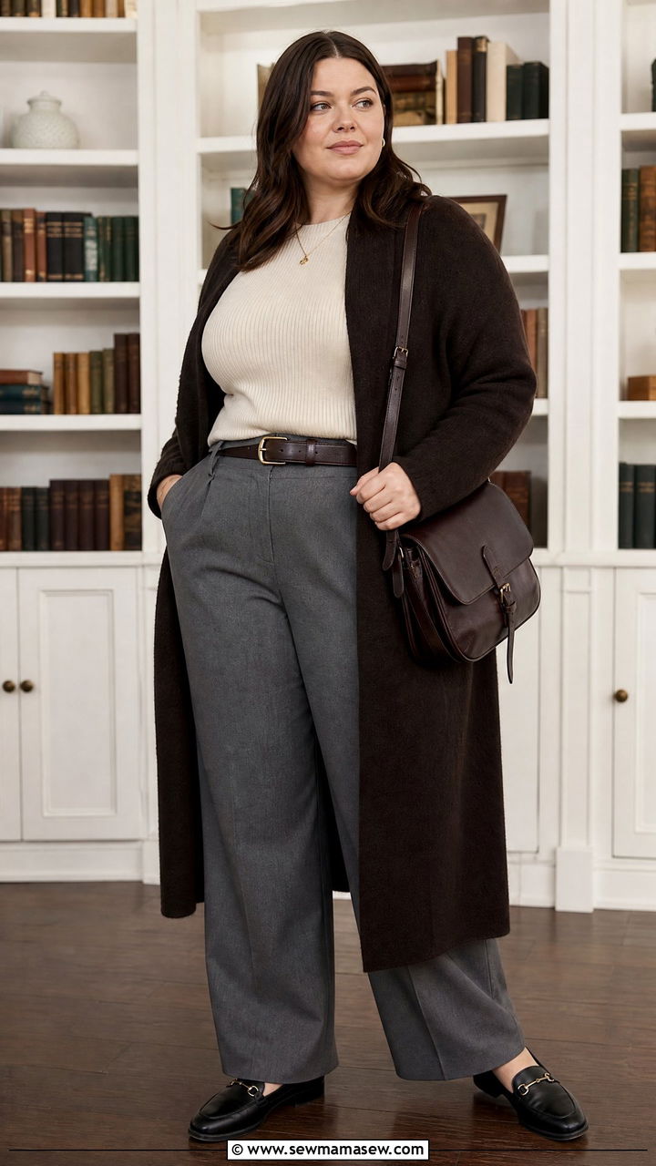 Plus Size Dark Academia Long Cardigan And Dress Pants Outfit - 20 plus size dark academia outfit ideas