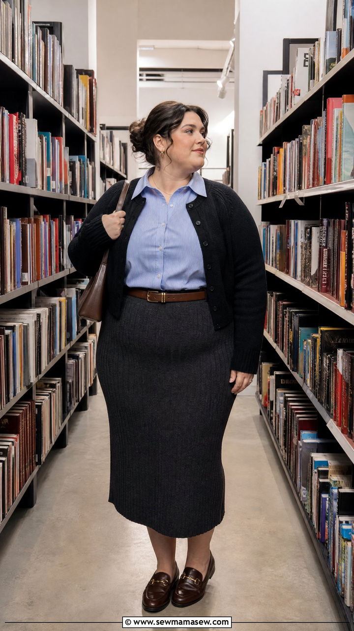 Plus Size Dark Academia Oxford Shirt And Knit Skirt Outfit - 20 plus size dark academia outfit ideas