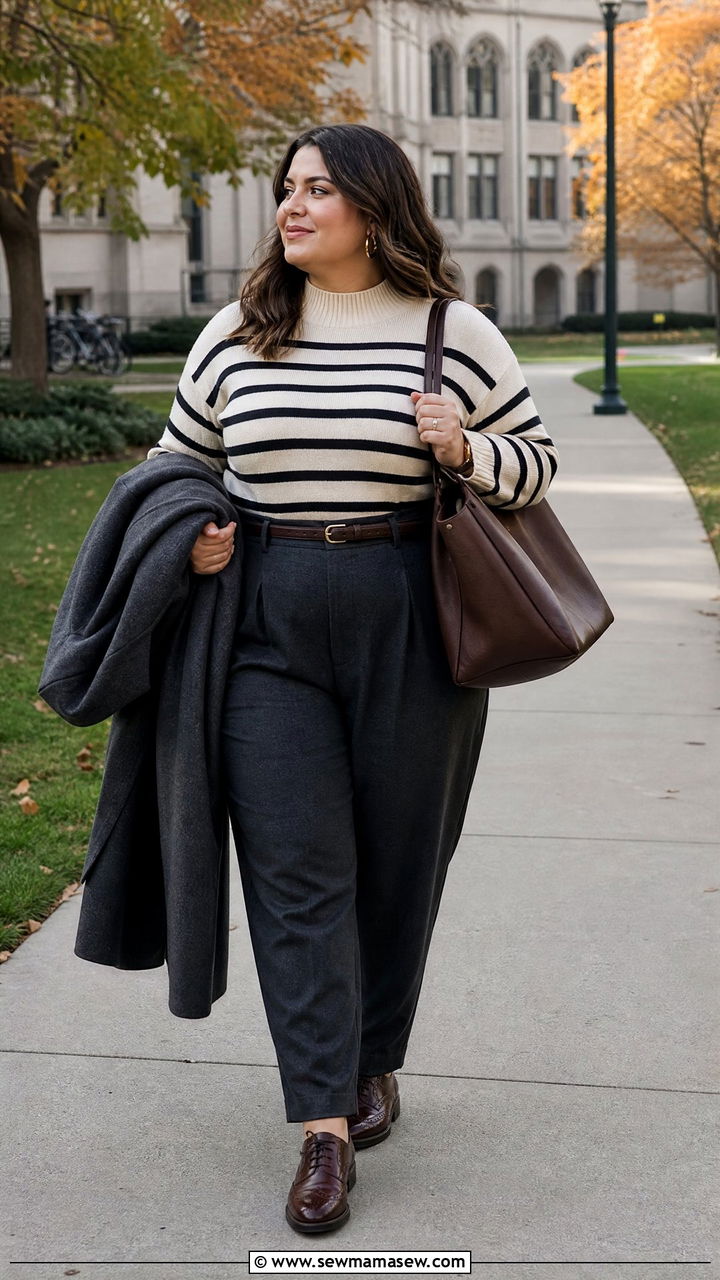 Plus Size Dark Academia Striped Sweater And Trousers Outfit - 20 plus size dark academia outfit ideas