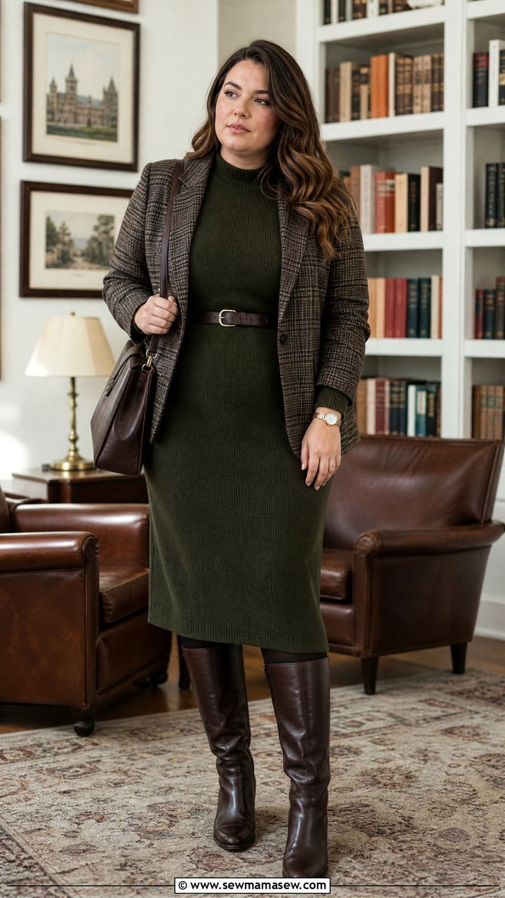 Plus Size Dark Academia Sweater Dress And Tall Boots Outfit - 20 plus size dark academia outfit ideas