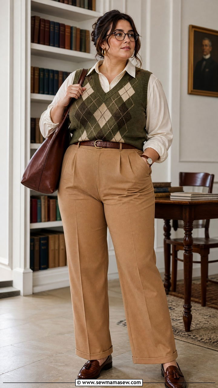 Plus Size Dark Academia Sweater Vest And Trouser Outfit - 20 plus size dark academia outfit ideas