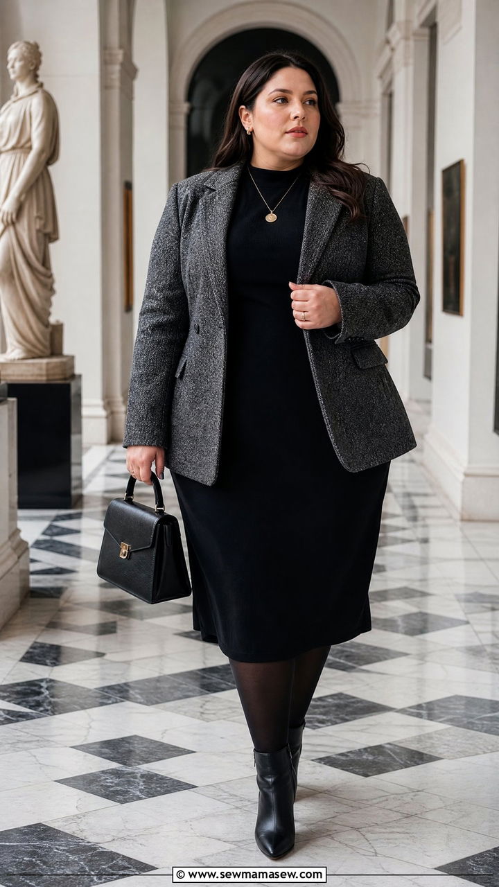 Plus Size Dark Academia Tweed Blazer And Black Dress Outfit - 20 plus size dark academia outfit ideas