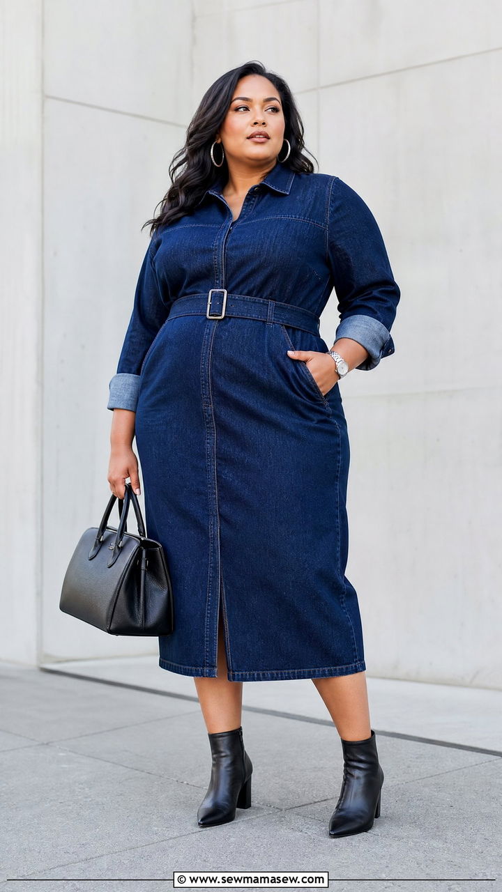 Plus Size Dark Denim Dress With Black Ankle Boots - 20 plus size denim dress outfit ideas