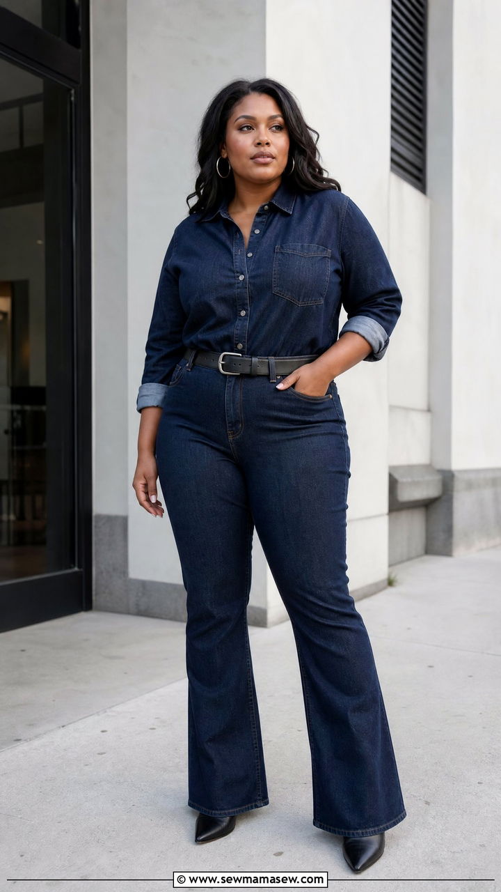 Plus Size Dark Denim Outfit - 20 plus size outfits to elongate legs