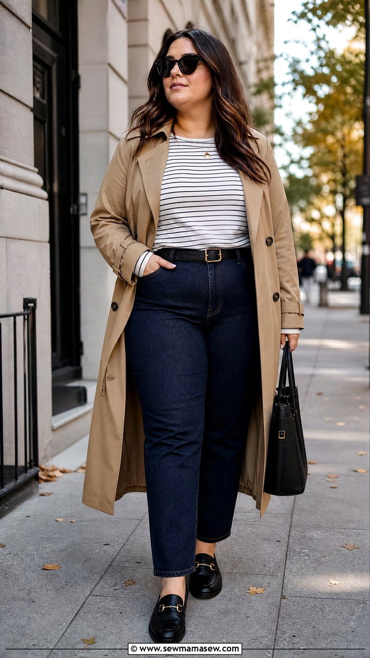 Plus Size Dark Wash Jeans With Trench Coat - 20 plus size fall outfit ideas with jeans