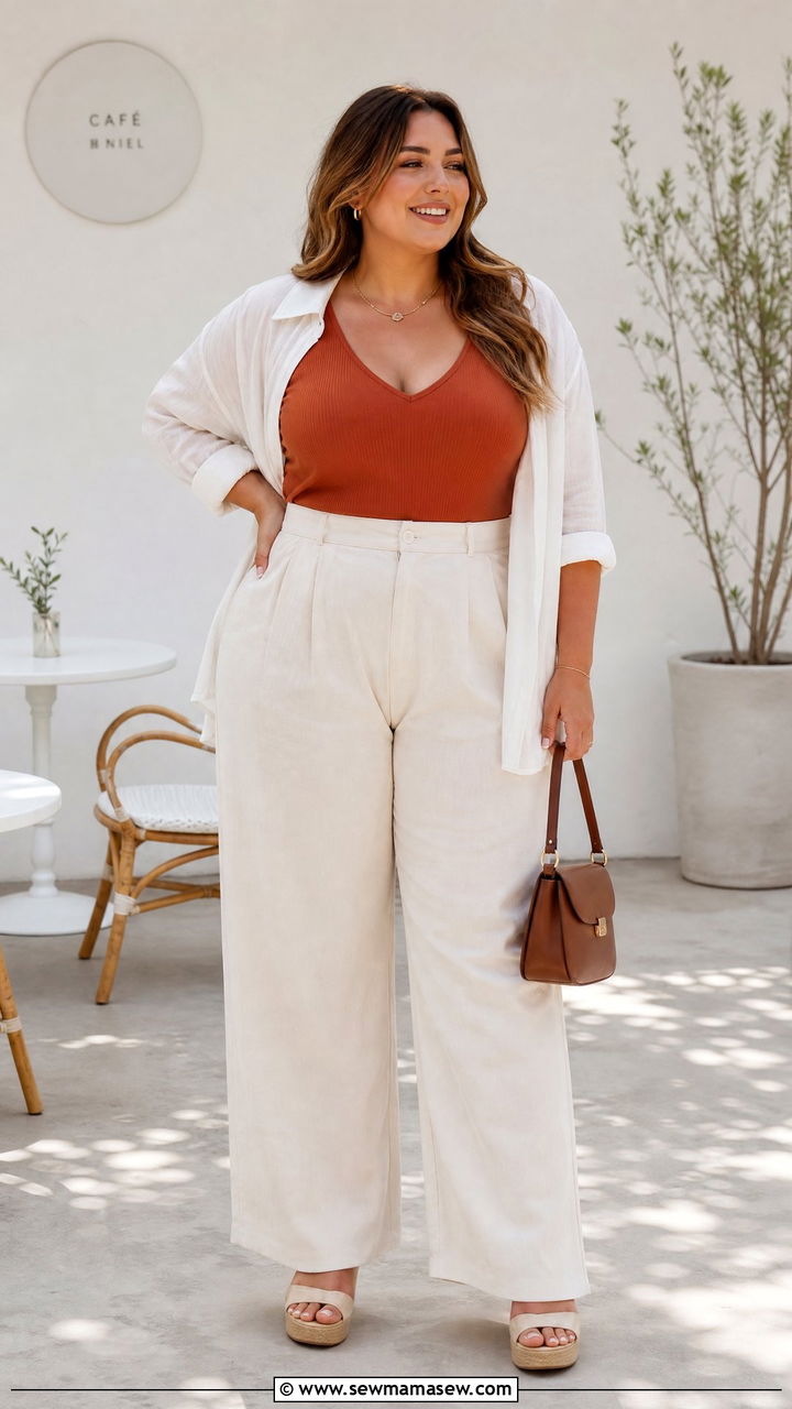 Plus Size Deep V Neck Crop Top With High Waist Pants - 20 plus size deep v neck top outfit ideas