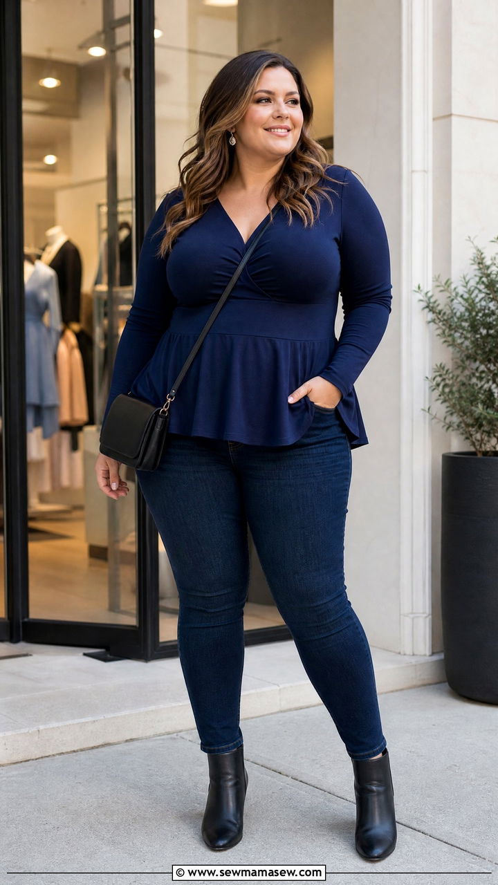Plus Size Deep V Neck Peplum Top With Skinny Jeans - 20 plus size deep v neck top outfit ideas