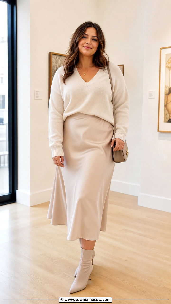 Plus Size Deep V Neck Sweater With Satin Skirt - 20 plus size deep v neck top outfit ideas