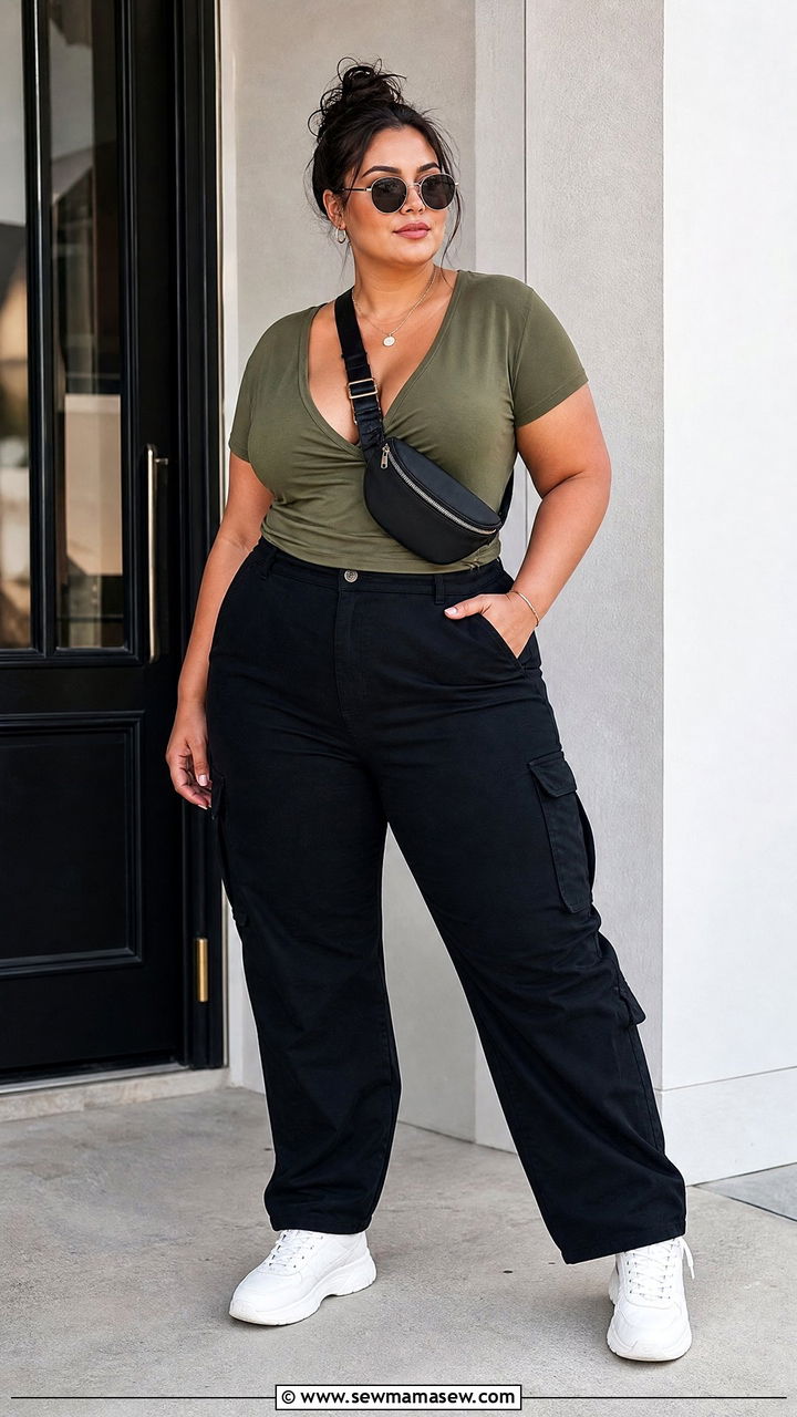 Plus Size Deep V Neck T Shirt With Cargo Pants - 20 plus size deep v neck top outfit ideas