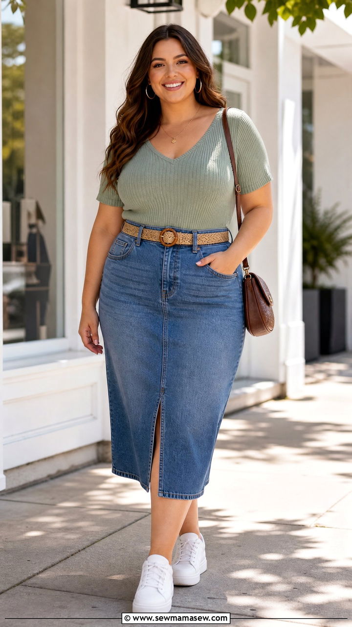 Plus Size Deep V Neck Top With Denim Skirt - 20 plus size deep v neck top outfit ideas