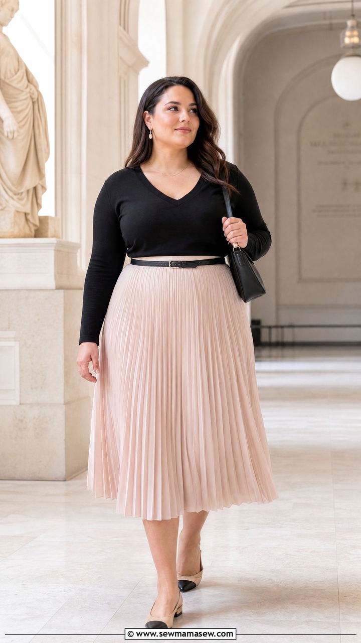 Plus Size Deep V Neck Top With Pleated Skirt - 20 plus size deep v neck top outfit ideas