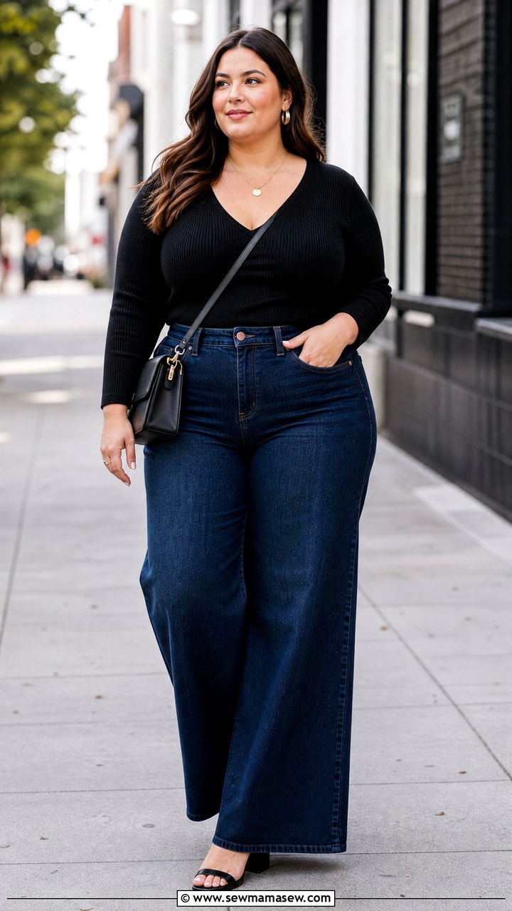 Plus Size Deep V Neck Top With Wide Leg Jeans - 20 plus size deep v neck top outfit ideas