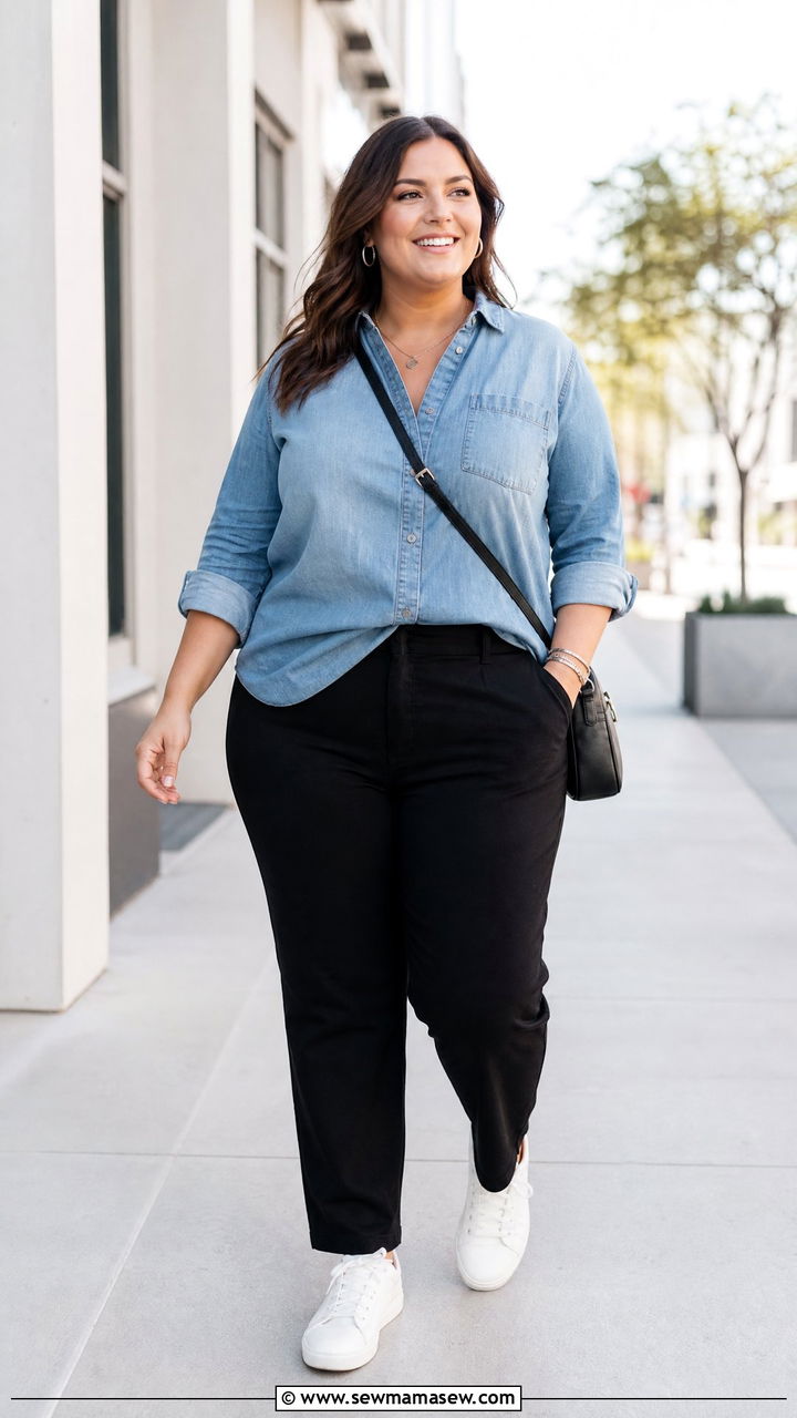 Plus Size Denim Blouse With Black Pants - 20 plus size blouse outfit ideas