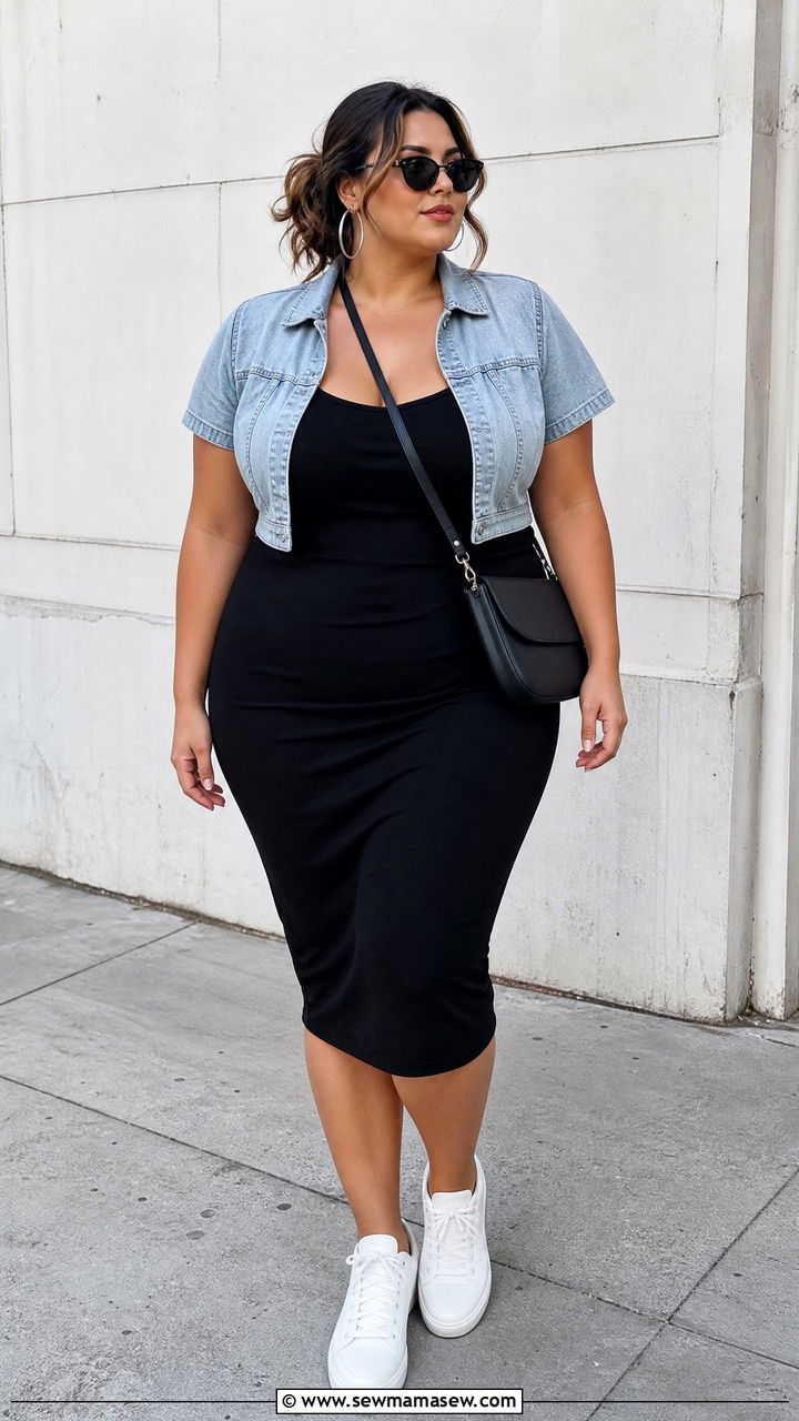 Plus Size Denim Bolero Top With Black Dress - 20 plus size bolero top outfit ideas