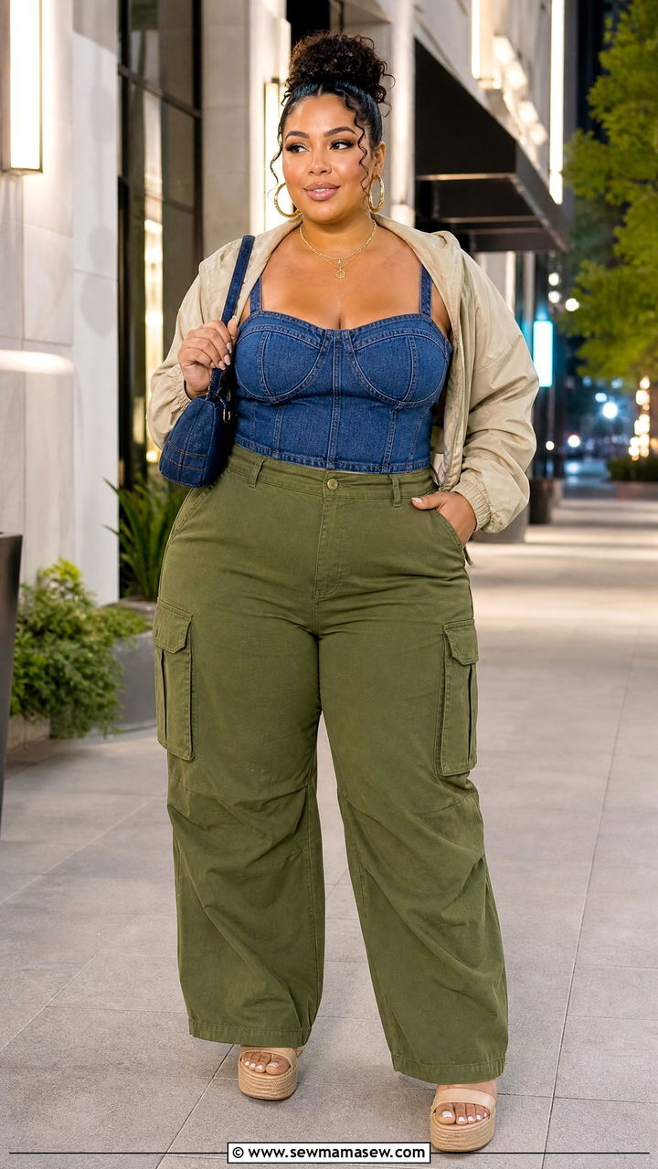 Plus Size Denim Corset Top With Cargo Pants Outfit - 20 plus size going out top outfit ideas