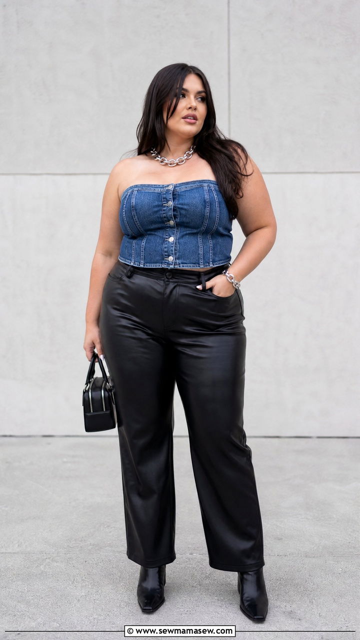 Plus Size Denim Corset Top With Leather Pants - 20 plus size corset top outfit ideas for night out