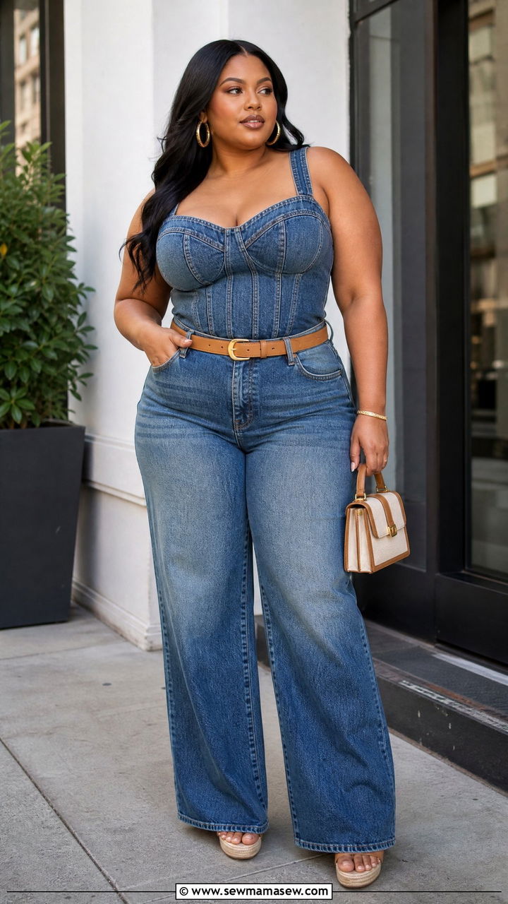 Plus Size Denim Corset Top With Matching Jeans - 20 plus size corset top outfit ideas