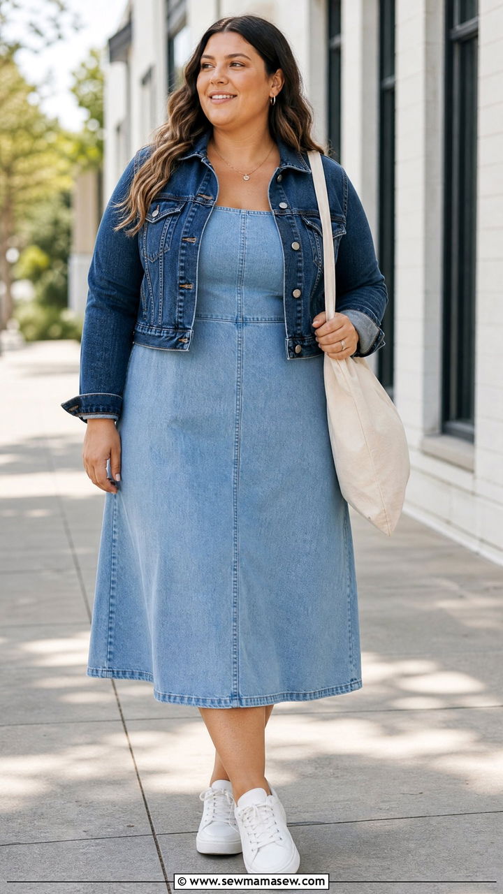 Plus Size Denim Dress With Denim Jacket - 20 plus size denim dress outfit ideas