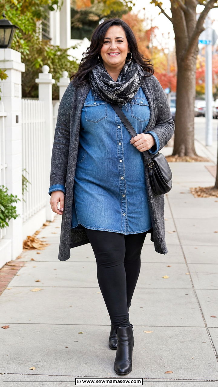 Plus Size Denim Dress With Leggings And Boots - 20 plus size denim dress outfit ideas