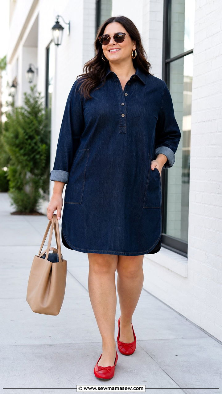Plus Size Denim Dress With Red Flats - 20 plus size denim dress outfit ideas