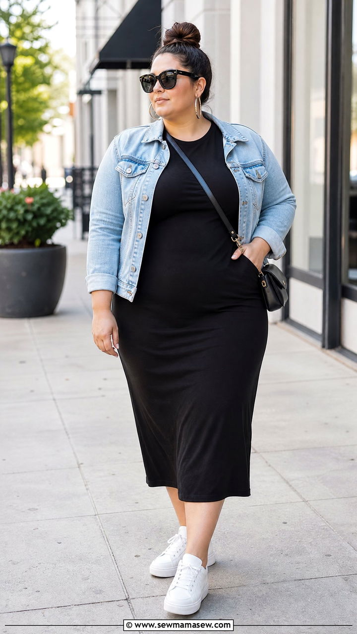Plus Size Denim Jacket And Black Dress Outfit - 20 effortless plus size outfit ideas