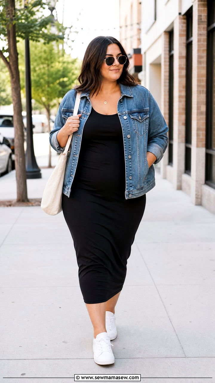 Plus Size Denim Jacket And Black Dress With Sneakers - 20 plus size outfit ideas with sneakers