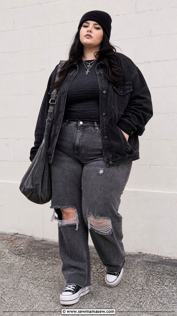 Plus Size Denim Jacket And Grunge Top Outfit - 20 plus size grunge top outfit ideas