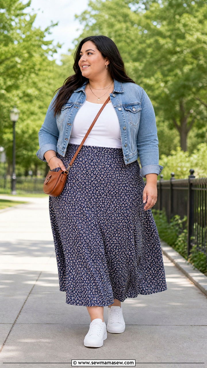 Plus Size Denim Jacket And Maxi Skirt Outfit - 20 plus size outfits to hide tummy