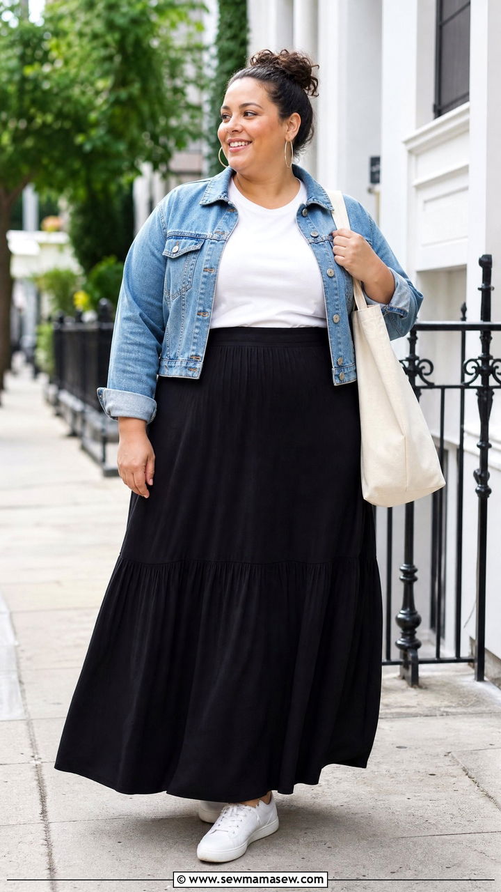 Plus Size Denim Jacket And Maxi Skirt Outfit - 20 plus size outfits for big belly