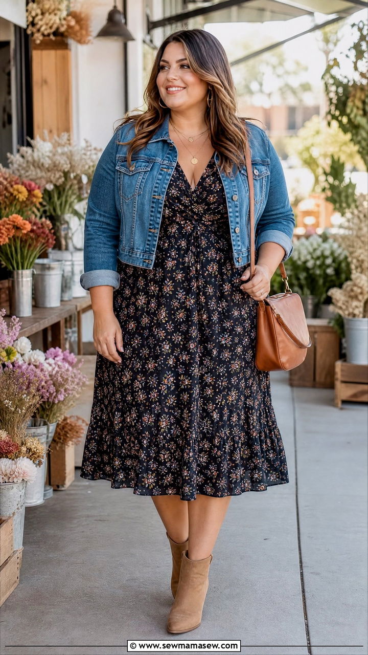 Plus Size Denim Jacket And Midi Dress Outfit - 20 plus size transitional fall outfits