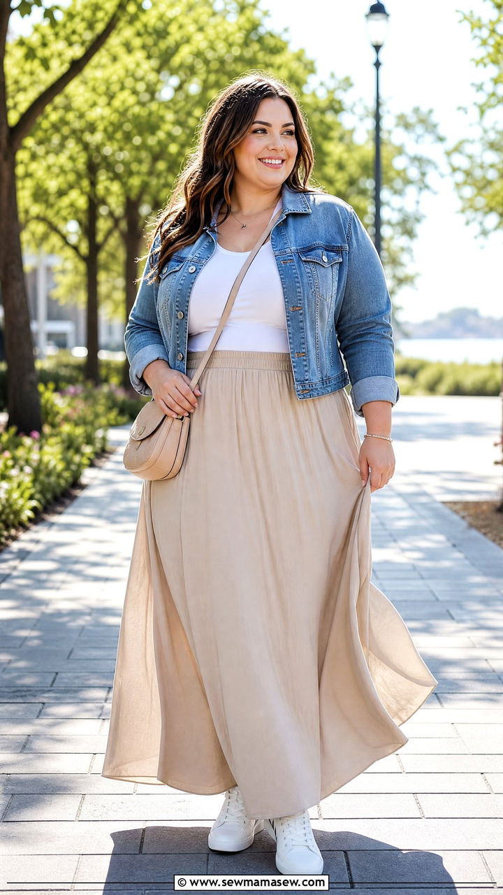 Plus Size Denim Jacket And Neutral Maxi Skirt Outfit - 20 plus size neutral outfit ideas