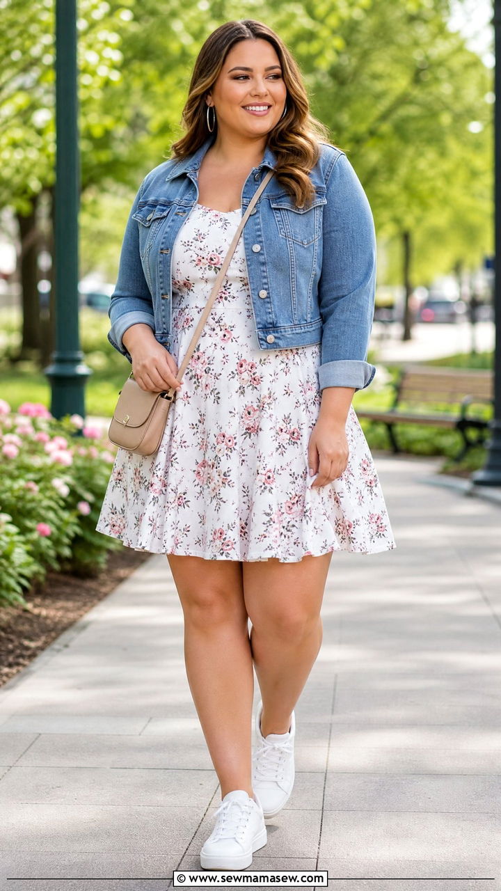 Plus Size Denim Jacket And Skater Dress Outfit - 20 plus size outfits for rectangle shape