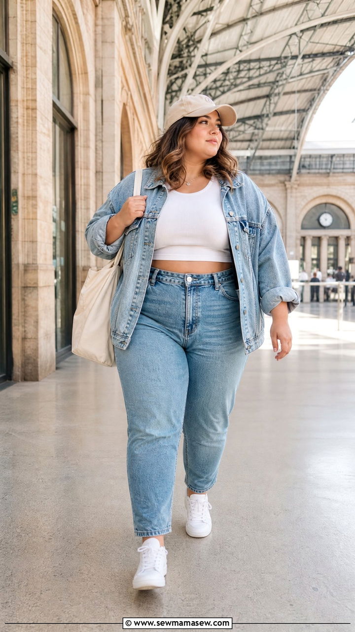Plus Size Denim Jacket Crop Top And High Waisted Jeans Outfit - 20 plus size crop top and high waisted jeans outfit ideas