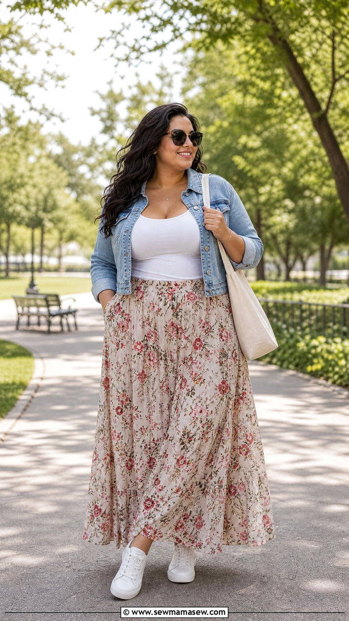 Plus Size Denim Jacket Outfit With Maxi Skirt - 20 plus size layering outfit ideas