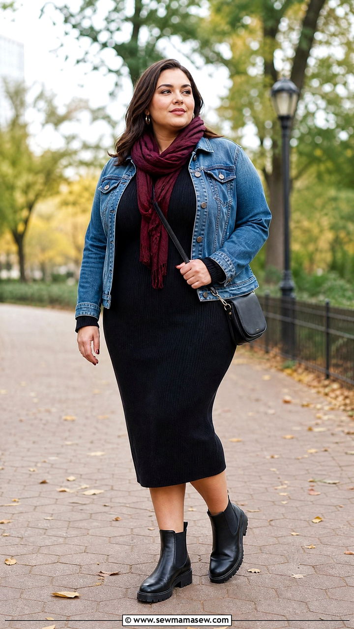 Plus Size Denim Jacket With Black Dress And Boots - 20 plus size fall outfit ideas with boots
